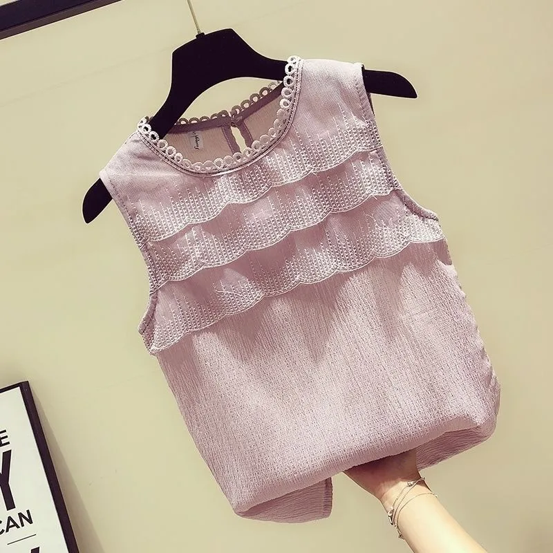 2022 Summer New Women Korean All-match Spliced Lace Ruffled Chiffon Shirt Sleeveless O-neck Solid Pullover Blouse Blusa Y741
2022 Summer New Women Korean All-match Spliced Lace Ruffled Chiffon Shirt Sleeveless O-neck Solid Pullover Blouse Blusa Y741