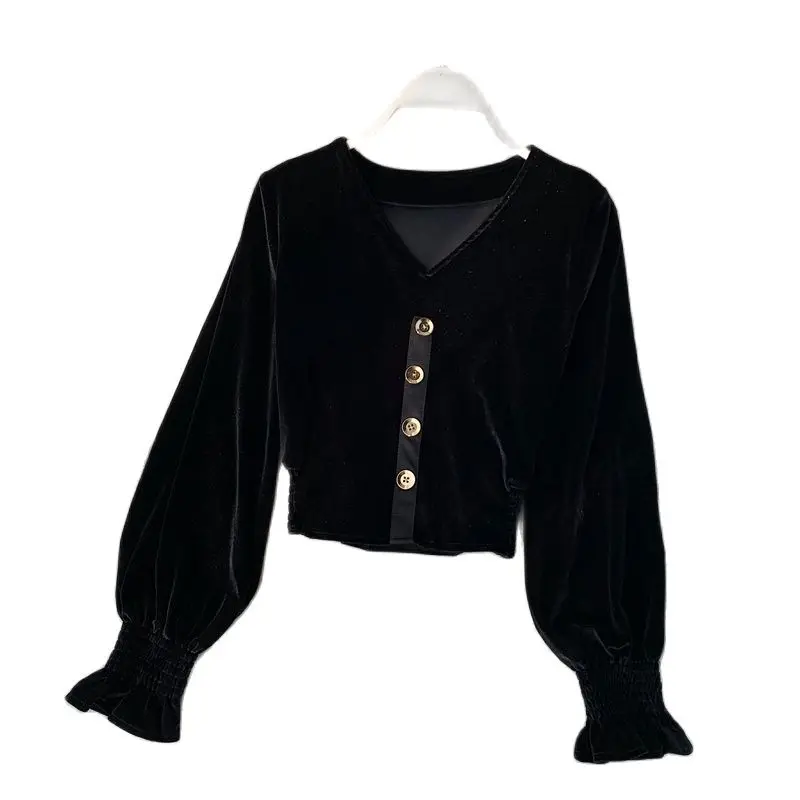 Women's Velvet Tops Autumn Winter Retro Velvet Lantern Sleeve V-neck Tshirt Solid Short Bottoming Waist Velour T-shirt Top
Women's Velvet Tops Autumn Winter Retro Velvet Lantern Sleeve V-neck Tshirt Solid Short Bottoming Waist Velour T-shirt Top