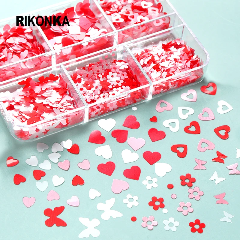 6 Grids Valentine Love Heart Mixed Butterfly Flower Hot Pink Nail Art Glitter Sequins Set For Nail Design French Charms Manicure
6 Grids Valentine Love Heart Mixed Butterfly Flower Hot Pink Nail Art Glitter Sequins Set For Nail Design French Charms Manicure