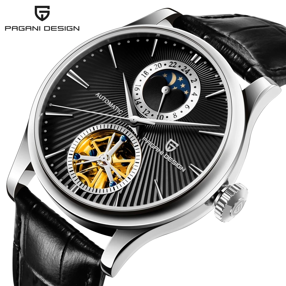 

PAGANI DESIGN Automatic Watches Tourbillon Mechanical Watch Men Luxury Sapphire Crystal Skeleton Wrist Watch Moon Phase Leather