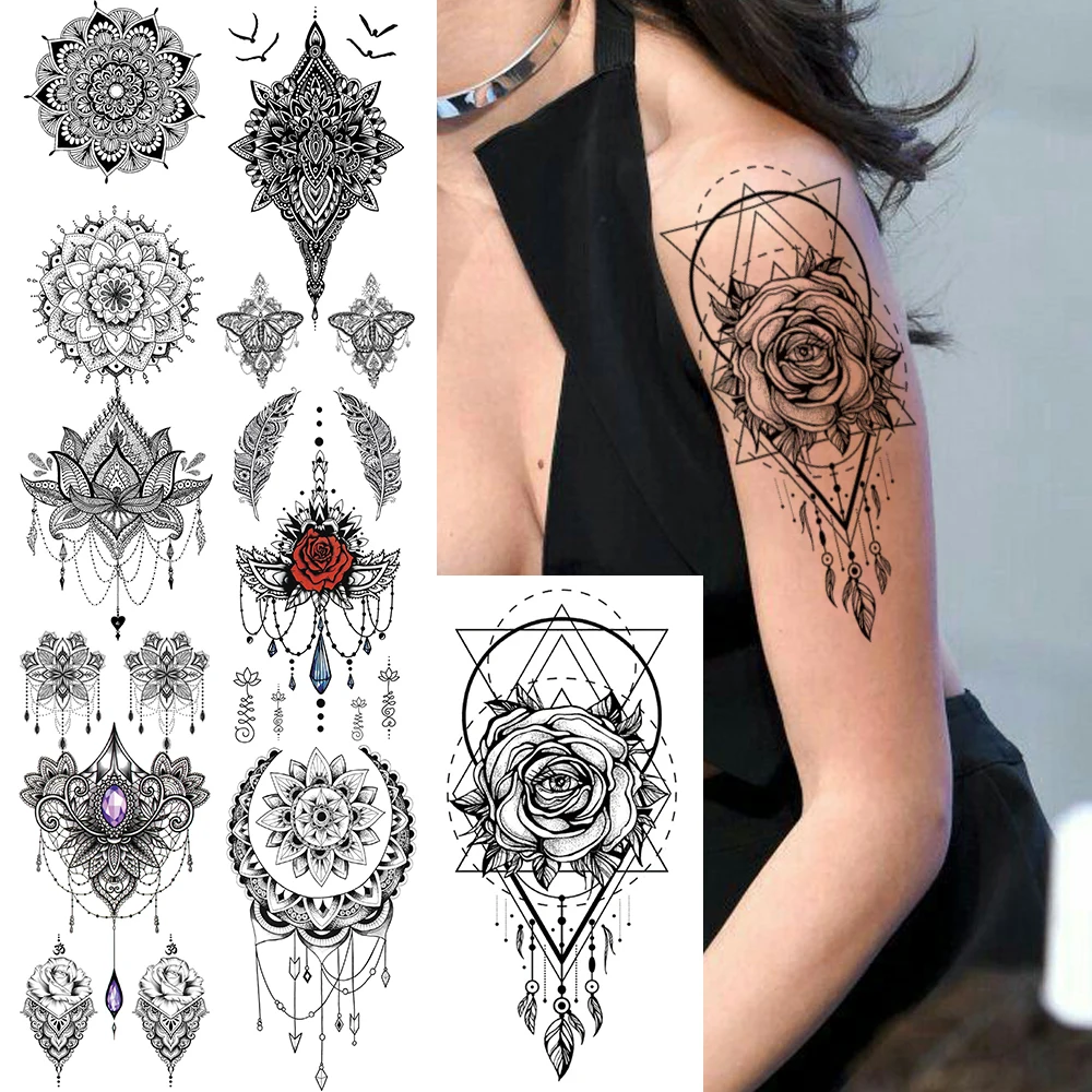 Geometric Rose Flowers Temporary Tattoo For Women Sexy Black Mandala Henna Tattoos Sticker Owl Fake Jewelry Mehndi Tatoos Chests
Geometric Rose Flowers Temporary Tattoo For Women Sexy Black Mandala Henna Tattoos Sticker Owl Fake Jewelry Mehndi Tatoos Chests