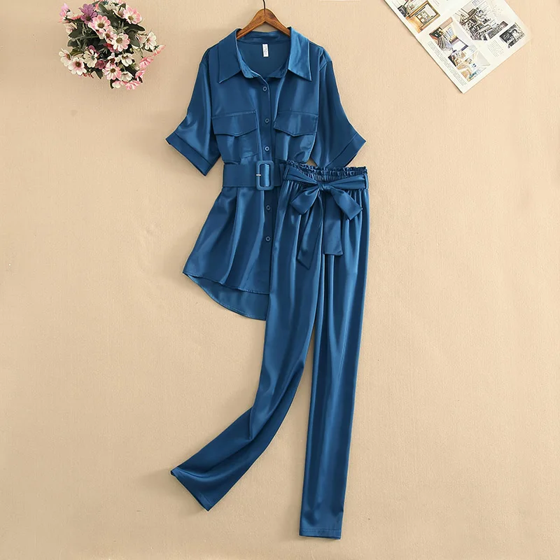 Summer New Women Pants 2 Piece Set Elegant Short Sleeve Office Lady Outfits Belt Blouse Shirt and Long Pants Fashion Sets Suits 
Summer New Women Pants 2 Piece Set Elegant Short Sleeve Office Lady Outfits Belt Blouse Shirt and Long Pants Fashion Sets Suits