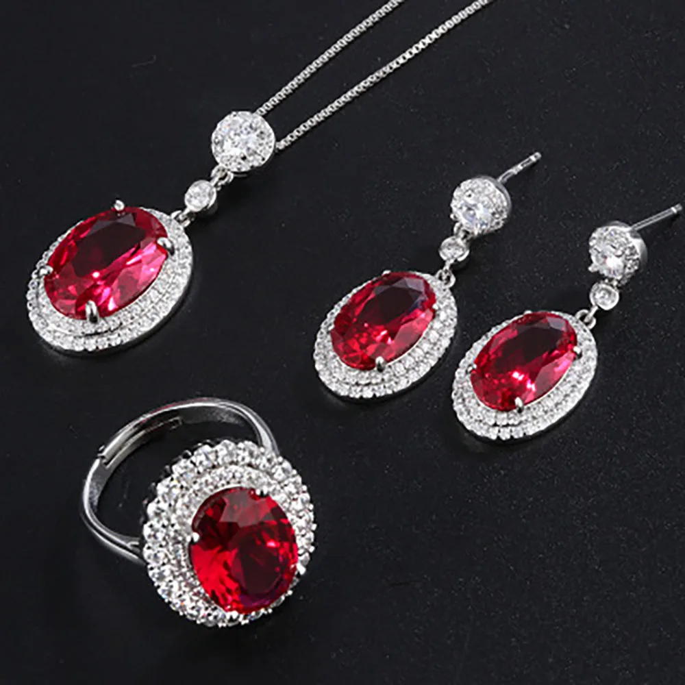 Luxury 925 Sterling Silver Created Ruby Gemstone Diamond Pendant Necklace Earring Ring Wedding Party Fine Jewelry Sets For Women
Luxury 925 Sterling Silver Created Ruby Gemstone Diamond Pendant Necklace Earring Ring Wedding Party Fine Jewelry Sets For Women
