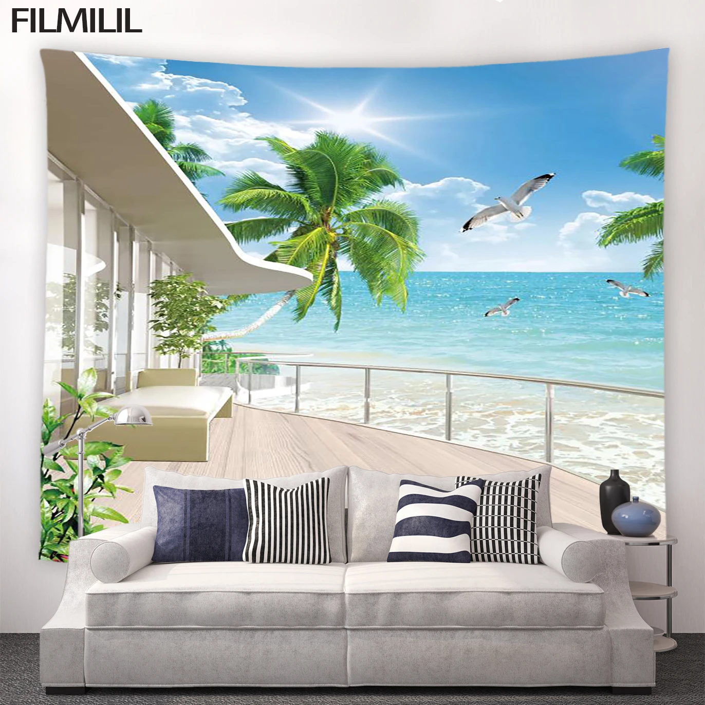 

Beach Palm Trees Ocean Scenery Tapestry Living Room Bedroom Wall Hanging Hawaii Home Landscape Decor Cloth Mural Blanket Screen