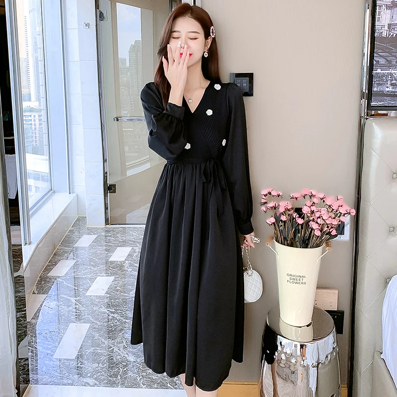 Женское трикотажное платье во французском стиле, однотонное свободное трикотажное платье с длинным рукавом и V-образным вырезом, с высокой ... 
Женское трикотажное платье во французском стиле, однотонное свободное трикотажное платье с длинным рукавом и V-образным вырезом, с высокой ...