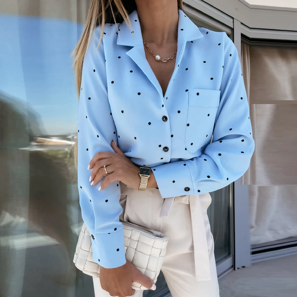 Shirt Lapel Printing Women Office Style T-shirt Polka Dot Print Long-sleeved TShirt Top Casual loose shirts with pocket spring
Shirt Lapel Printing Women Office Style T-shirt Polka Dot Print Long-sleeved TShirt Top Casual loose shirts with pocket spring