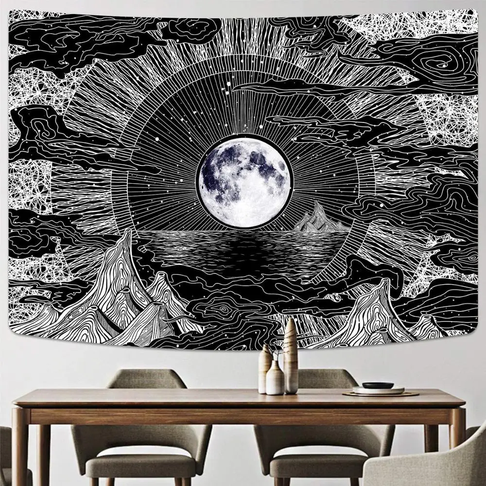 

6Size Black Moon Star Mountain Cloud Tapestry Bedroom Decoration Landscape Background Hanging Cloth Fashion Dorm Wall Rugs Decor