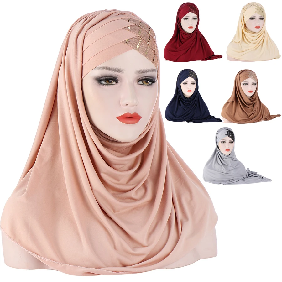 

2021NEW Forehead Cross Hair Wrap Scarf Solid Color Glitter Sequins Jersey Hijabs Muslim Headband Women Turban Hair Cap