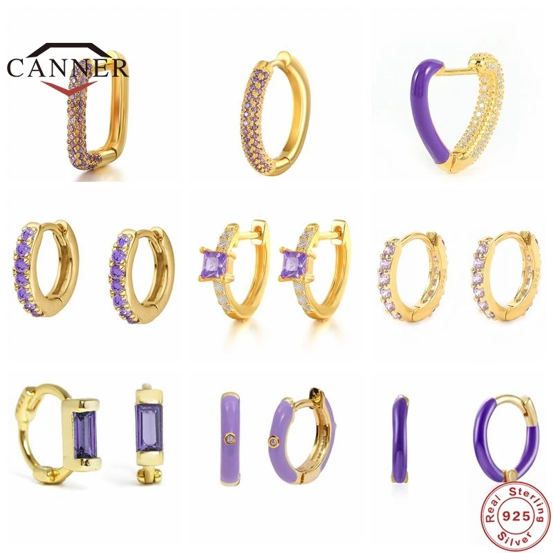 

CANNER Purple Zircon Ear Hoops 925 Sterling Silver Round Hoop Earrings for Women/ Men Small Piercing Huggie Earring Jewelry Gift