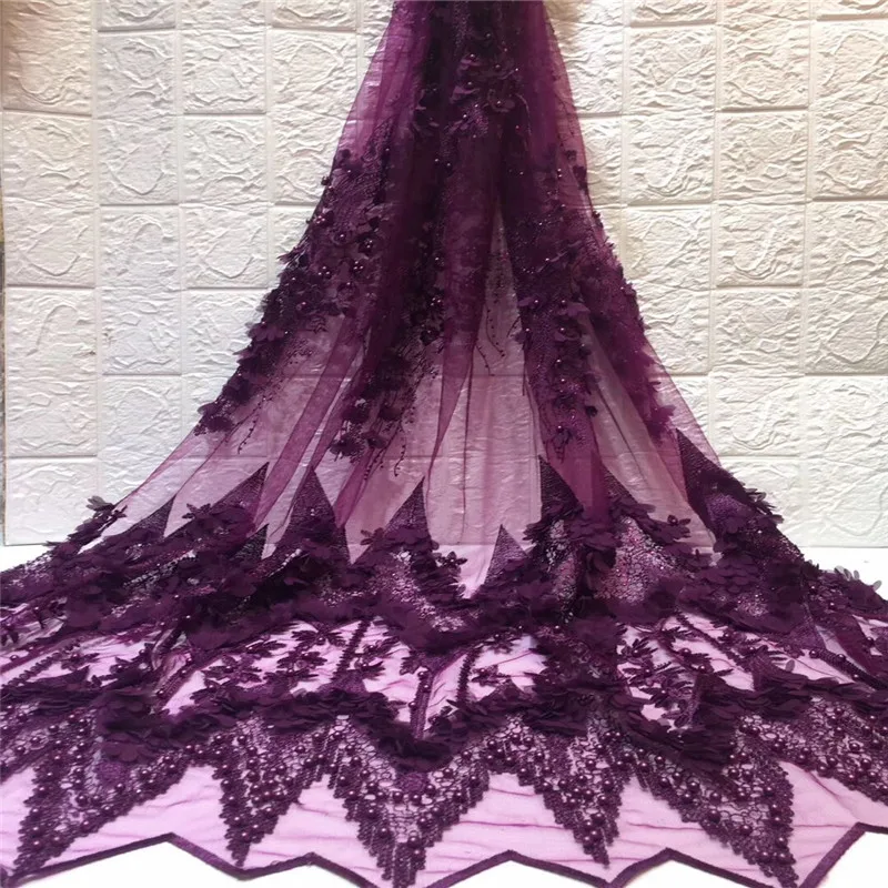 

2019 Высококачественная африканская фиолетовая кружевная ткань с бусинами, французская сетчатая вышивка, тюль, 3d кружевная ткань для нигерийского свадебного платья