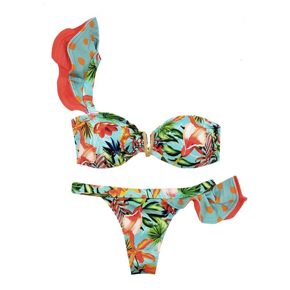 

2021 Sexy Bikinis Women Swimsuit Tropical Print Swimwear Brazilian Bikini Set Ruffle Bathing Suit Beachwear Biquini female