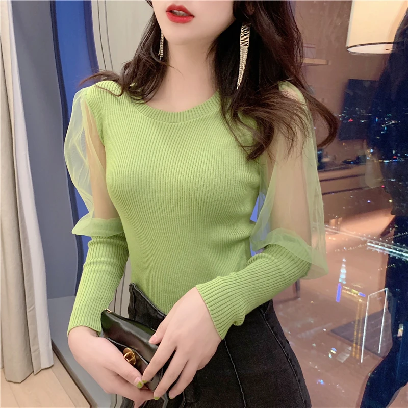 

Mesh Full Lantern Sleeve Knitted Sweaters Crop Tops Girls O-neck Sweet Stretchy Knit Sweater Pullovers For Women Real Photos