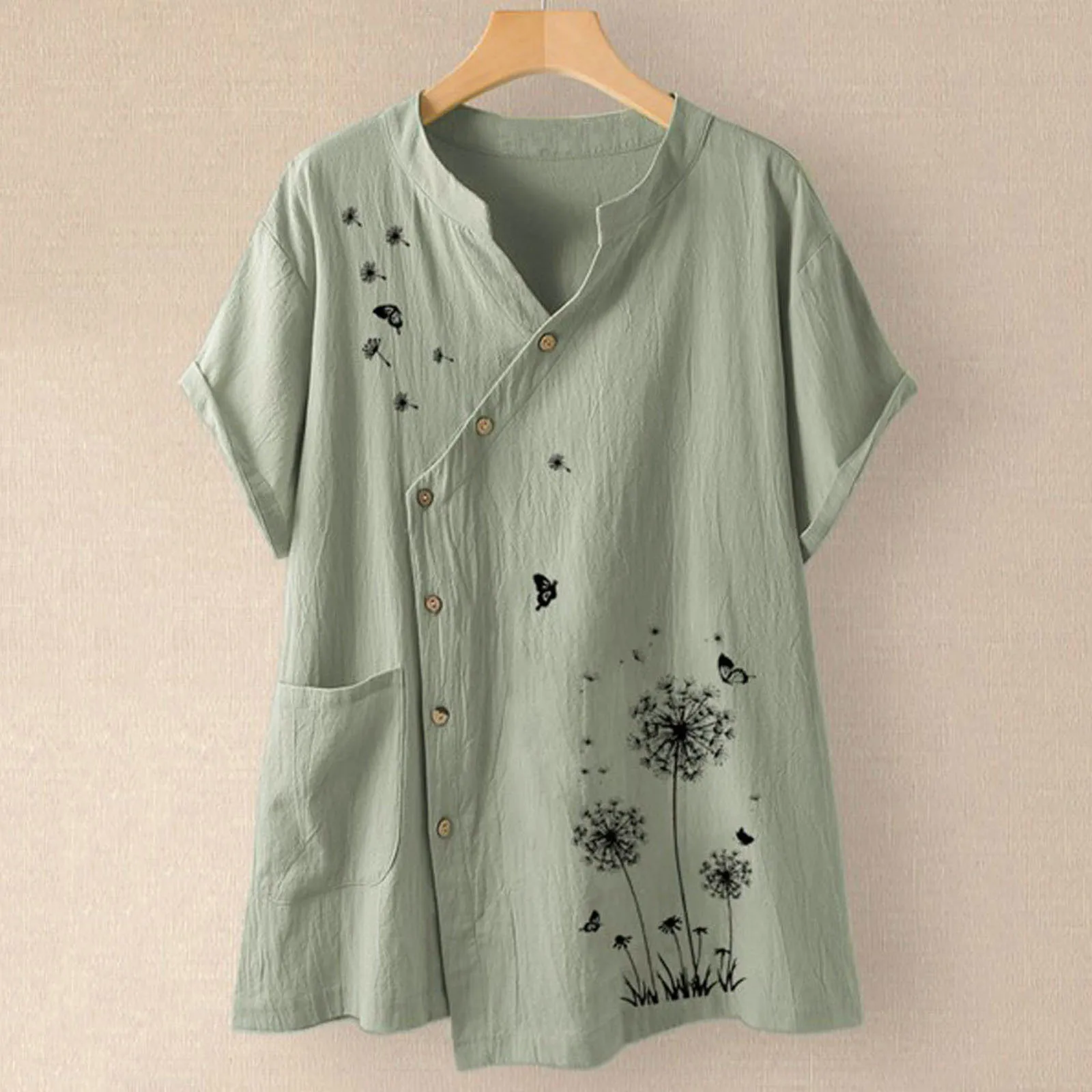 Women's shirt summer solid color printing retro short-sleeved V-neck button pocket casual loose blouse top
Women's shirt summer solid color printing retro short-sleeved V-neck button pocket casual loose blouse top