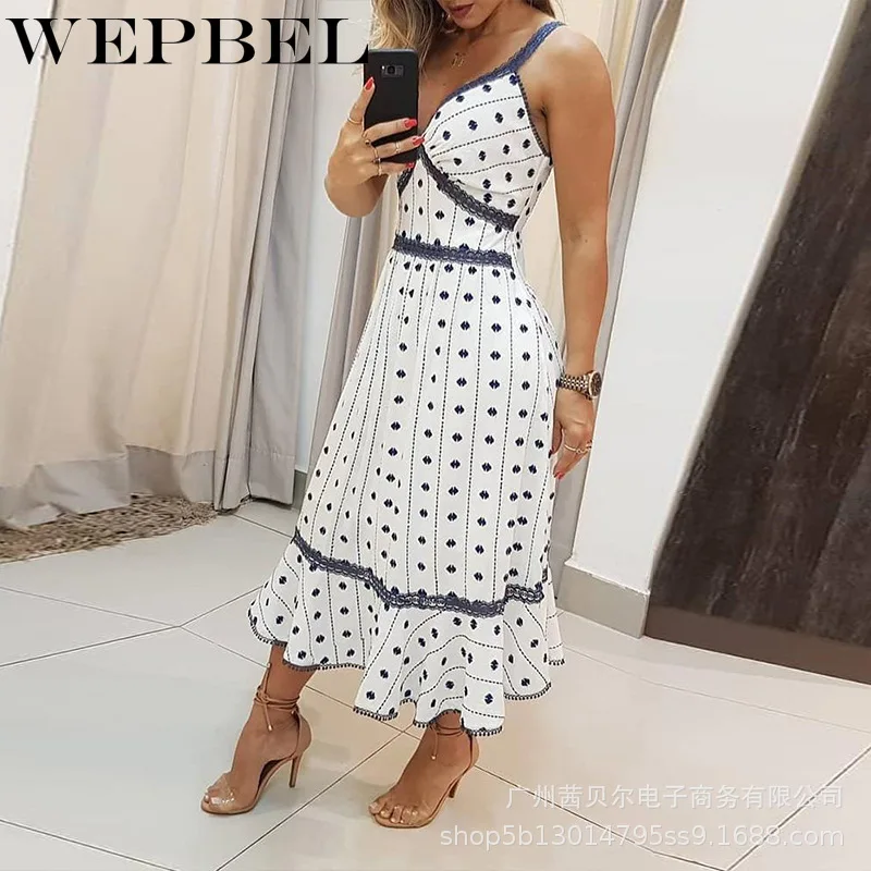 WEPBEL Summer Women Spaghetti Strap Dress Ladies Elegant Sleeveless Halter Deep V Neck Print Lace Patchwork Ruffles Dress 
WEPBEL Summer Women Spaghetti Strap Dress Ladies Elegant Sleeveless Halter Deep V Neck Print Lace Patchwork Ruffles Dress