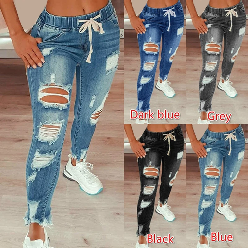 Drawstring Denim Jeans For Women Ripped Hole Stretch Jean Ladies Plus Size Full Length Pencil Pants
Drawstring Denim Jeans For Women Ripped Hole Stretch Jean Ladies Plus Size Full Length Pencil Pants