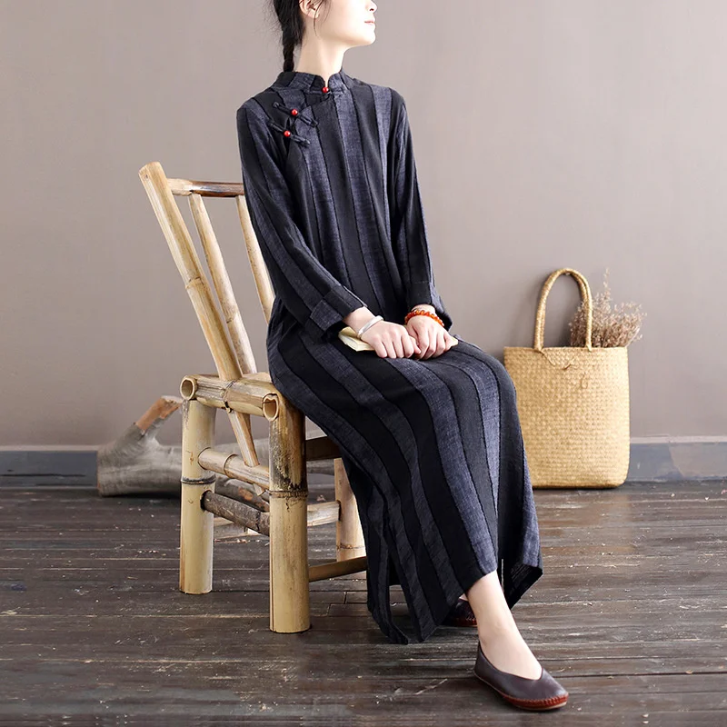 NINI WONDERLAND Women Spring Autumn Nation Style Dress 2021 Striped Mandarin Collar Vintage Dress Loose Casual Dresses Black 
NINI WONDERLAND Women Spring Autumn Nation Style Dress 2021 Striped Mandarin Collar Vintage Dress Loose Casual Dresses Black