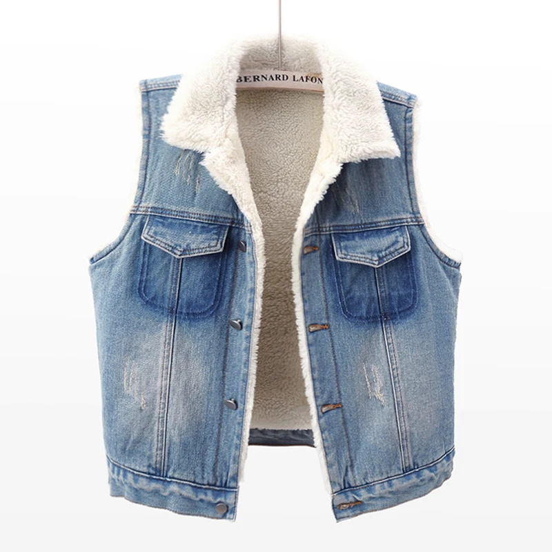 Winter Thick Lambs Wool Denim Vest Women Vintage Blue Frayed Pocket Sleeveless Cowboy Waistcoat Loose Short Jeans Vests Female
Winter Thick Lambs Wool Denim Vest Women Vintage Blue Frayed Pocket Sleeveless Cowboy Waistcoat Loose Short Jeans Vests Female