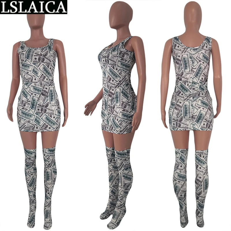 Dress Women Summer Sleeveless Dollar Print High Waist Fashion Streetwear Party Dress Elegance Evening Clubwear Mini Dress Femme
Dress Women Summer Sleeveless Dollar Print High Waist Fashion Streetwear Party Dress Elegance Evening Clubwear Mini Dress Femme