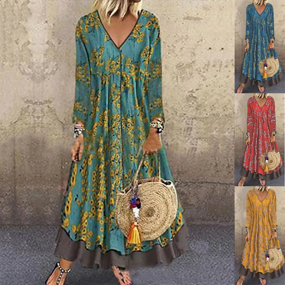 2021 Bohemia autumn and winter v-neck long-sleeved retro print fake two-piece female dress fake two-piece 
2021 Bohemia autumn and winter v-neck long-sleeved retro print fake two-piece female dress fake two-piece