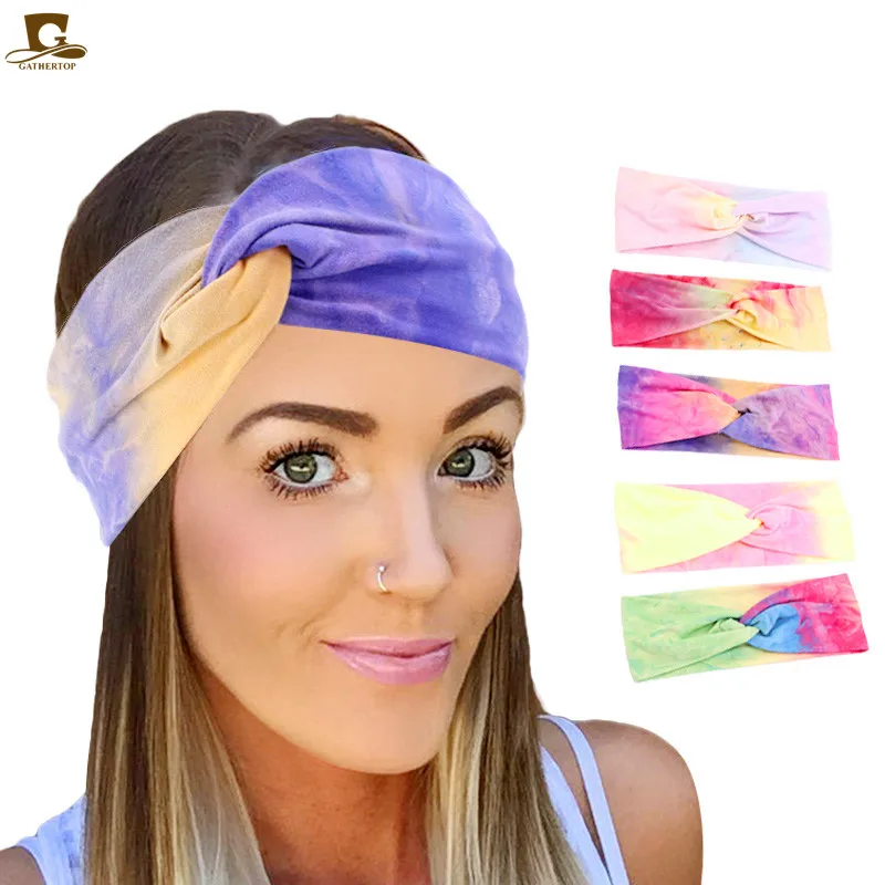 Новые женские эластичные повязки для волос Tie-dye повязка на голову из хлопка, спортивная повязка на голову, тюрбан для йоги, повязка на голову...