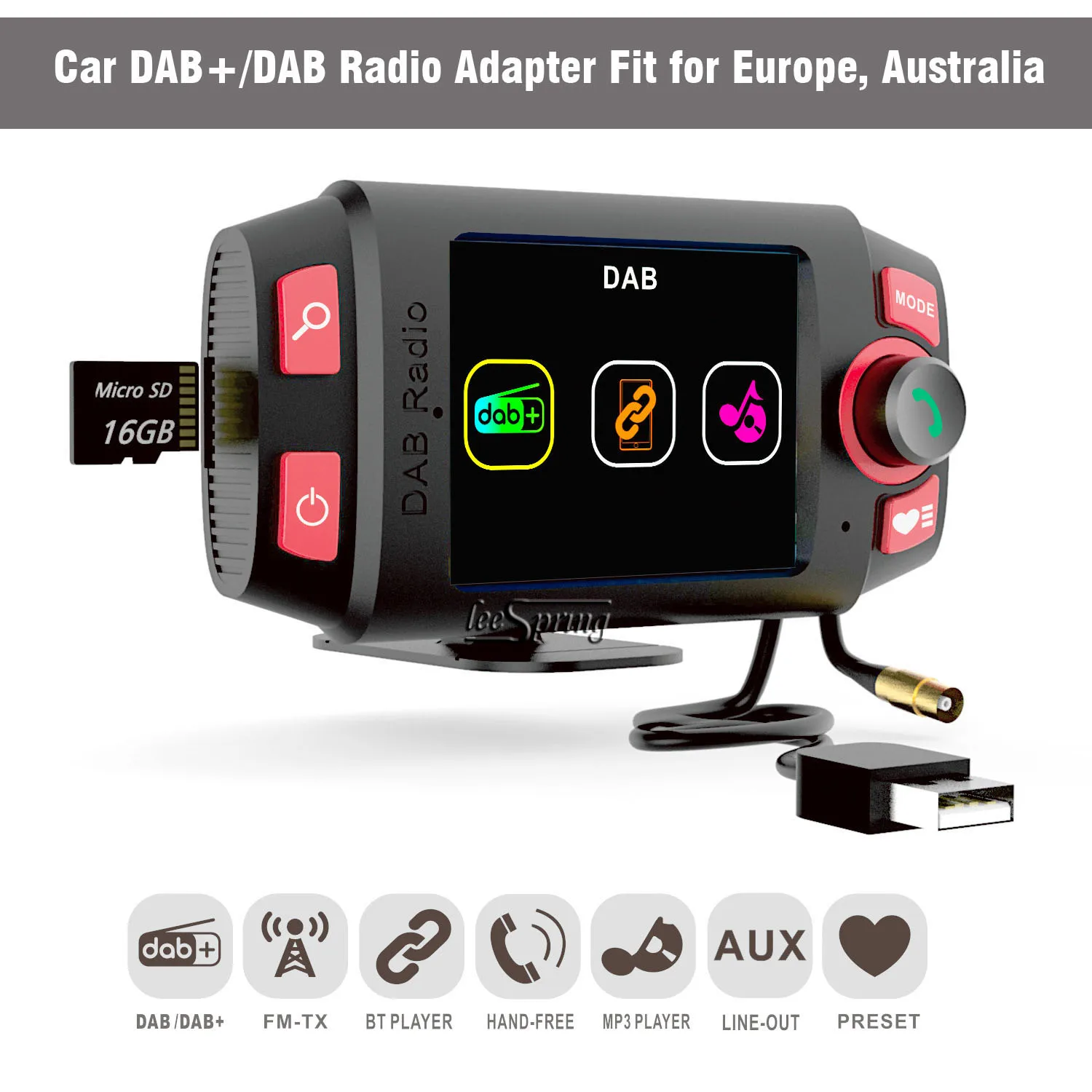 2.4" colorful display Car DAB+/DAB Radio Adapter FM Transmitter,with Bluetooth hands-free and Music Playback car kit mp3 player
2.4" colorful display Car DAB+/DAB Radio Adapter FM Transmitter,with Bluetooth hands-free and Music Playback car kit mp3 player