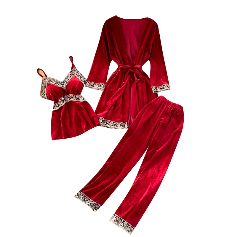 Home Wear Women Sets 3 Pieces Red Lace Patchwork Cardigan Camis And Wide Leg Loose Ankle Length Pants Suits Top Quality
Home Wear Women Sets 3 Pieces Red Lace Patchwork Cardigan Camis And Wide Leg Loose Ankle Length Pants Suits Top Quality