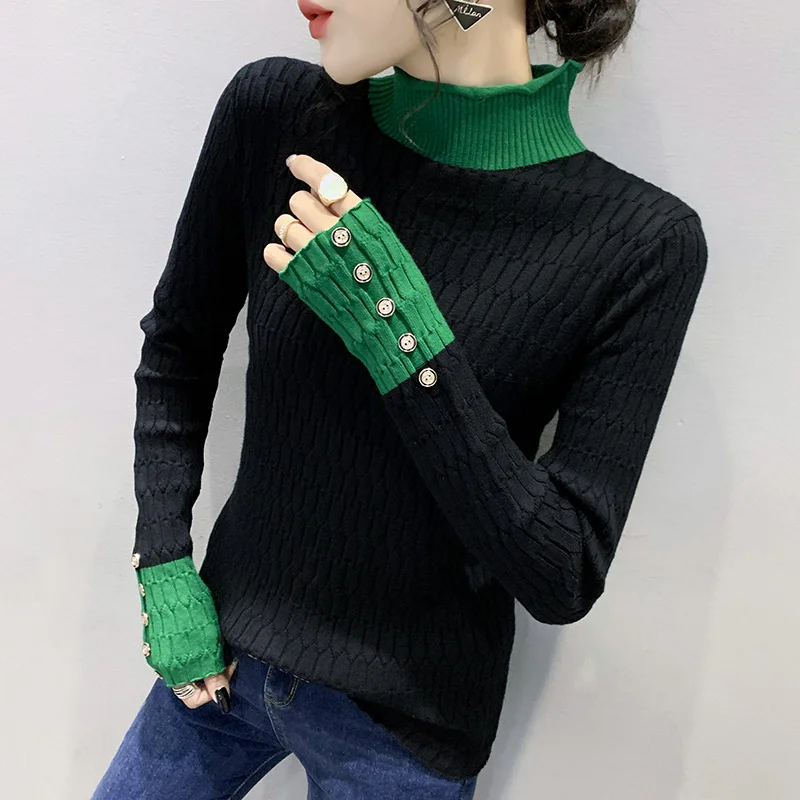 #9315 Spliced Color Turtleneck Sweater Women Pullovers Long Sleeved Buttons Tight Knitted Sweaters Female Knitwear Korean Style
#9315 Spliced Color Turtleneck Sweater Women Pullovers Long Sleeved Buttons Tight Knitted Sweaters Female Knitwear Korean Style