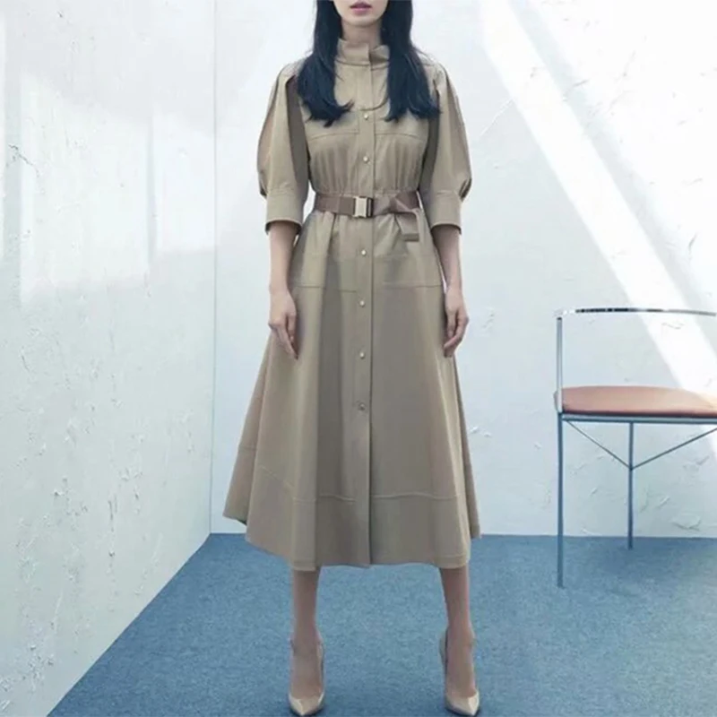 2021 Early Autumn Dress Fashion Design Women Solid Half Sleeve Single Breasted High Quality with Belt Midi Dresses
2021 Early Autumn Dress Fashion Design Women Solid Half Sleeve Single Breasted High Quality with Belt Midi Dresses