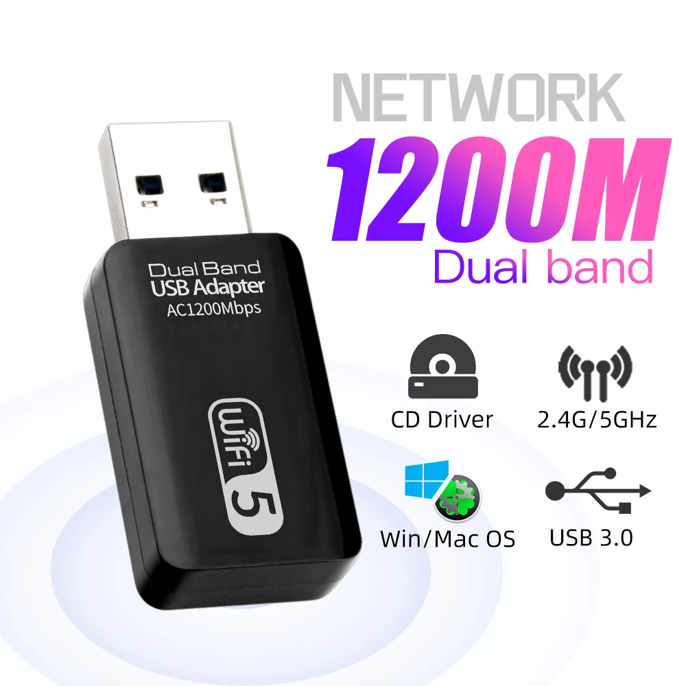 Беспроводной карты двухдиапазонный usb-адаптер Wi-Fi 1200 Мбит/с Wlan Lan 2 4G/5G для WIN7/8/10