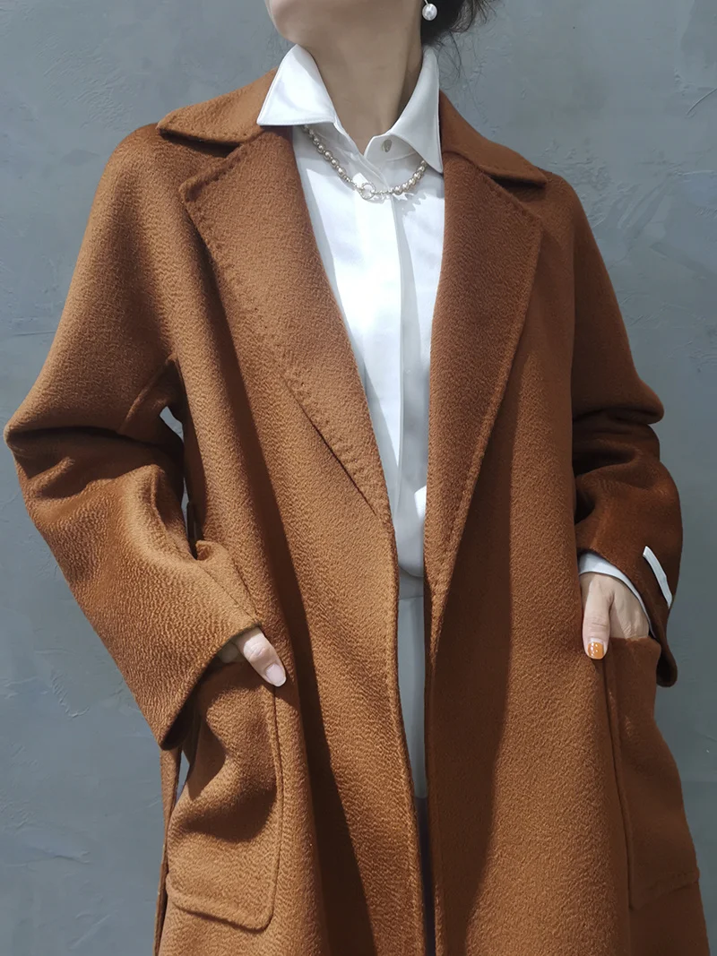 

Женское двухстороннее кашемировое пальто, длинное шерстяное твидовое пальто со шнуровкой и воротником-костюмом, 2021