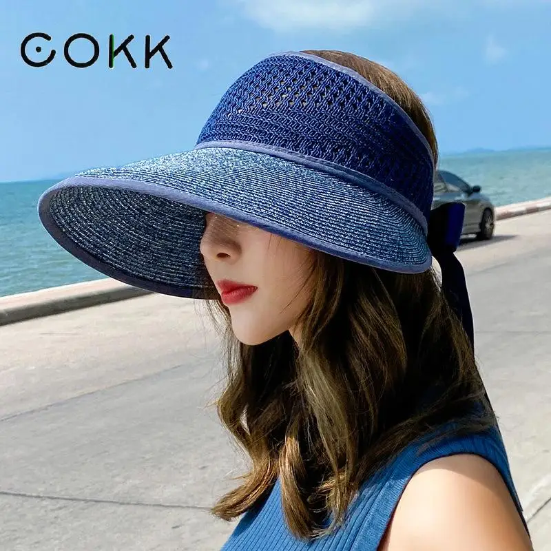 

COKK, новые летние шляпы для женщин, пустой топ с большими полями, шляпа от солнца для женщин, для улицы, солнцезащитный козырек, Повседневная С...