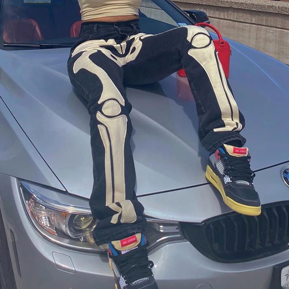 2021 Skeleton Skull Print Low Rise Jeans Women Streetwear Black Denim Trousers Urban Cyber Ghetto Baddie Clothes Goth Pants Fall
2021 Skeleton Skull Print Low Rise Jeans Women Streetwear Black Denim Trousers Urban Cyber Ghetto Baddie Clothes Goth Pants Fall