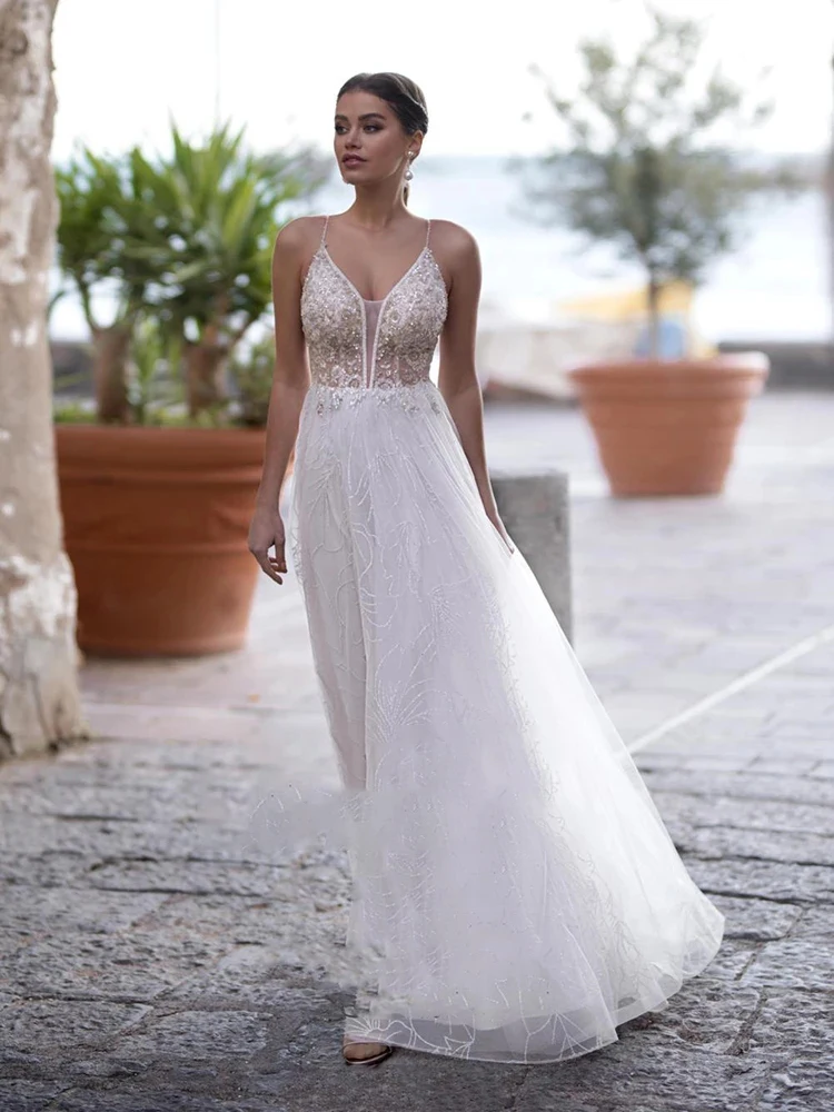Роскошные свадебные платья-трапеции с V-образным вырезом блестящие платья из