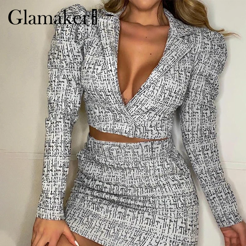 Glamaker Office ladies sexy stripe printed 2 piece sets Puff sleeve crop top and mini skirt Bodycon v neck blazer suits 2021 new
Glamaker Office ladies sexy stripe printed 2 piece sets Puff sleeve crop top and mini skirt Bodycon v neck blazer suits 2021 new
