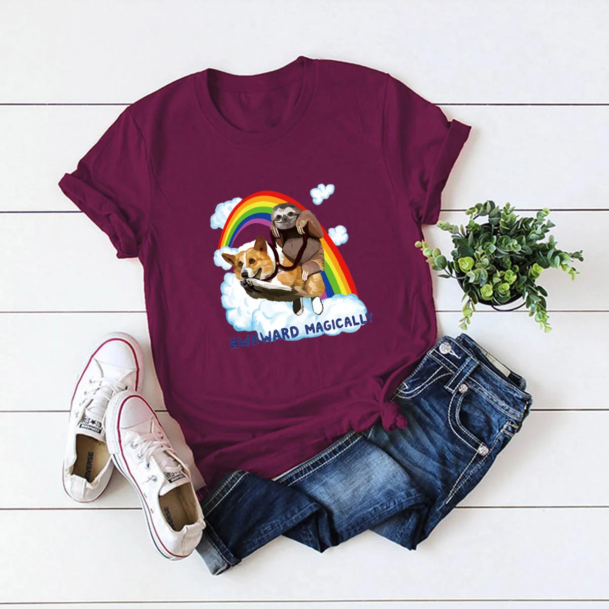 Rainbow dog sloth wish ebay удобная женская футболка из 100% чистого хлопка с коротким рукавом
