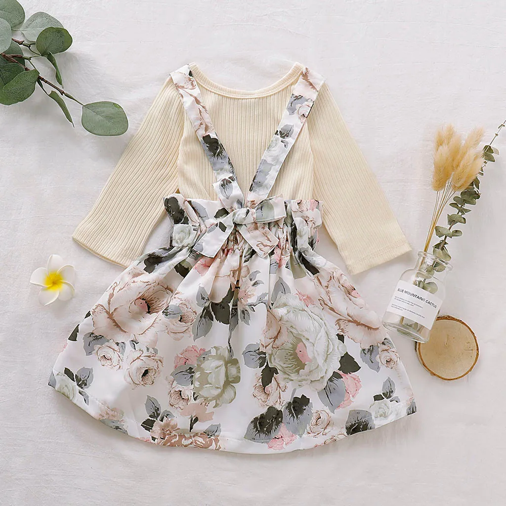 Newborn Baby Girl Winter Clothes Toddler Girls Knitting Tight Long Sleeve Solid Tops+Floral Print Suspender Skirts Outfits | Мать и