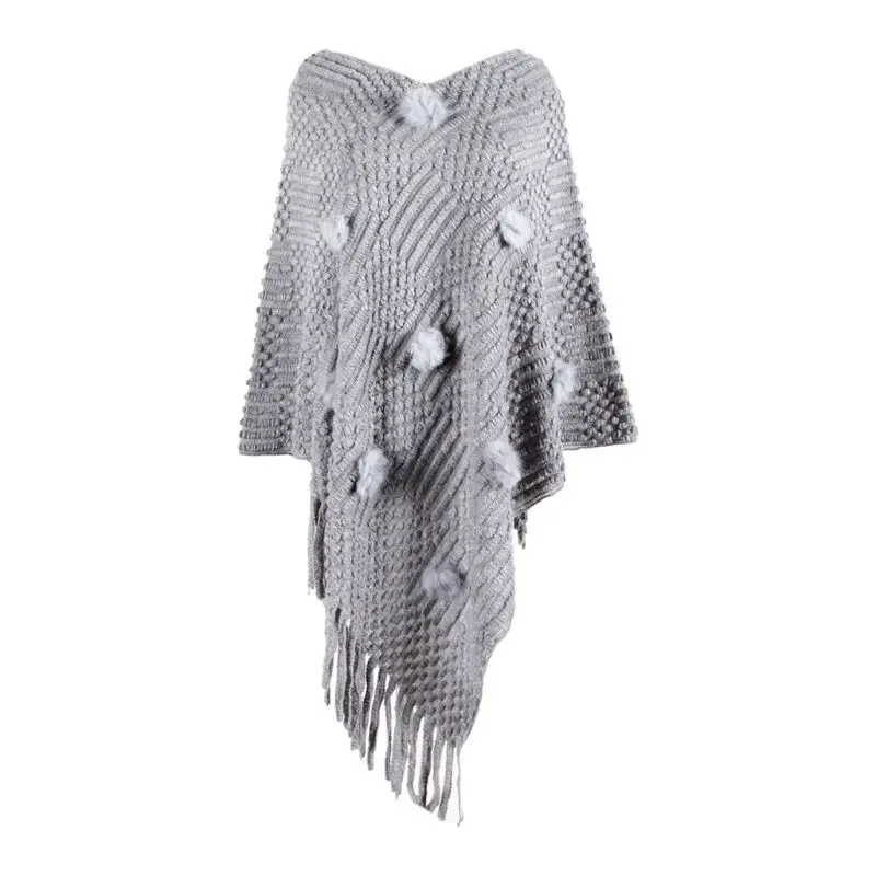 Women Pom Poms Pullover Sweater Shawl Wrap Rhombus Knitted Tassels Poncho Cape 
Women Pom Poms Pullover Sweater Shawl Wrap Rhombus Knitted Tassels Poncho Cape