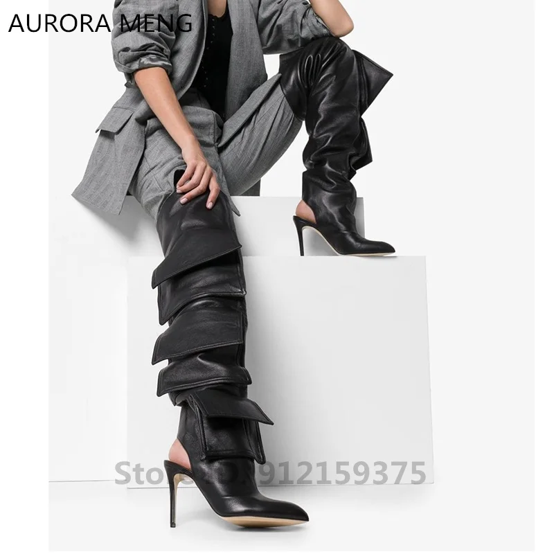 

Женские Кожаные ботфорты с острым носком, высокие сапоги выше колена на шпильке, с карманами и ремешком на пятке, 2021