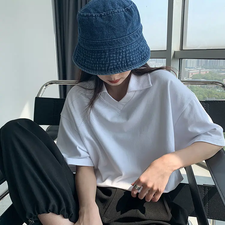 T-shirts Woman Short Sleeve Solid Simple Turn-down Collar Ins Leisure Fashion All-match Female Tees Korean Style Chic Harajuku
T-shirts Woman Short Sleeve Solid Simple Turn-down Collar Ins Leisure Fashion All-match Female Tees Korean Style Chic Harajuku