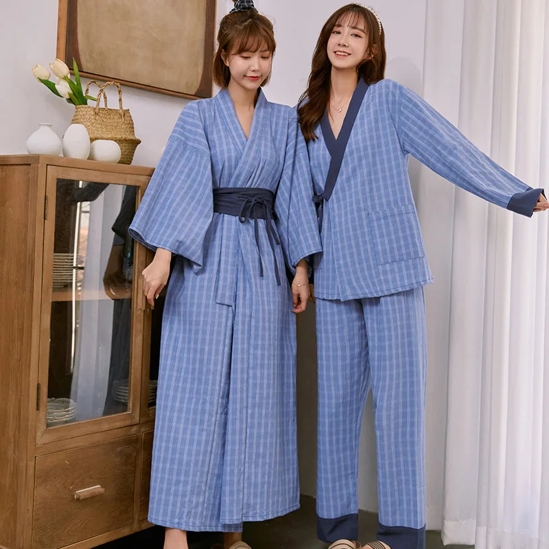 Japanese Kimono Robe Simple Fashion Plaid Cotton Pajamas V-neck Lace Up Two-piece Home Clothes Long Sleeve Plus Size Loungewear
Japanese Kimono Robe Simple Fashion Plaid Cotton Pajamas V-neck Lace Up Two-piece Home Clothes Long Sleeve Plus Size Loungewear