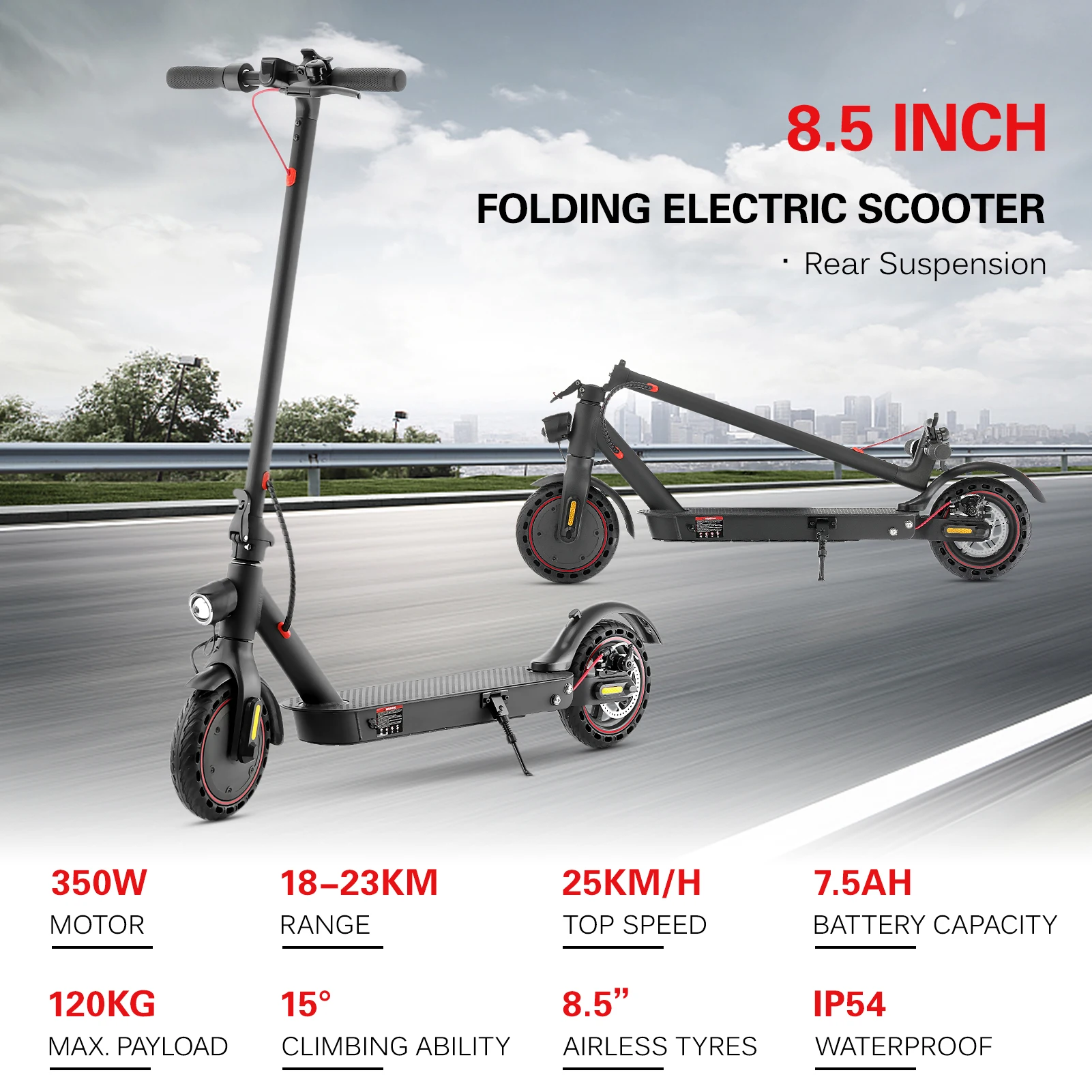 8.5 Inch Two Wheel Folding Electric Scooter 350W Rear Suspension Smart Scooter with APP Control 7.5Ah 18 - 23km Range 
8.5 Inch Two Wheel Folding Electric Scooter 350W Rear Suspension Smart Scooter with APP Control 7.5Ah 18 - 23km Range