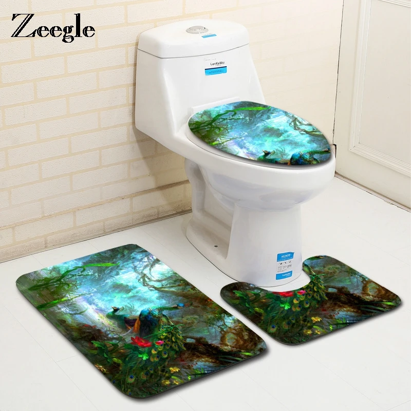 

Zeegle Peacock Pattern 3Pcs Bathroom Mats Carpets Set Absorbent Toilet Rugs Lid Cover Microfiber Floor Mats Bathroom Decoration