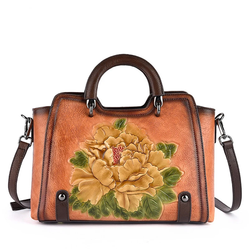 

2022 Winter New Female Retro Embossed Tote Bags Handbags Women Famous Brands Large Capacity Flower Genuine Leather Shoulder Bag