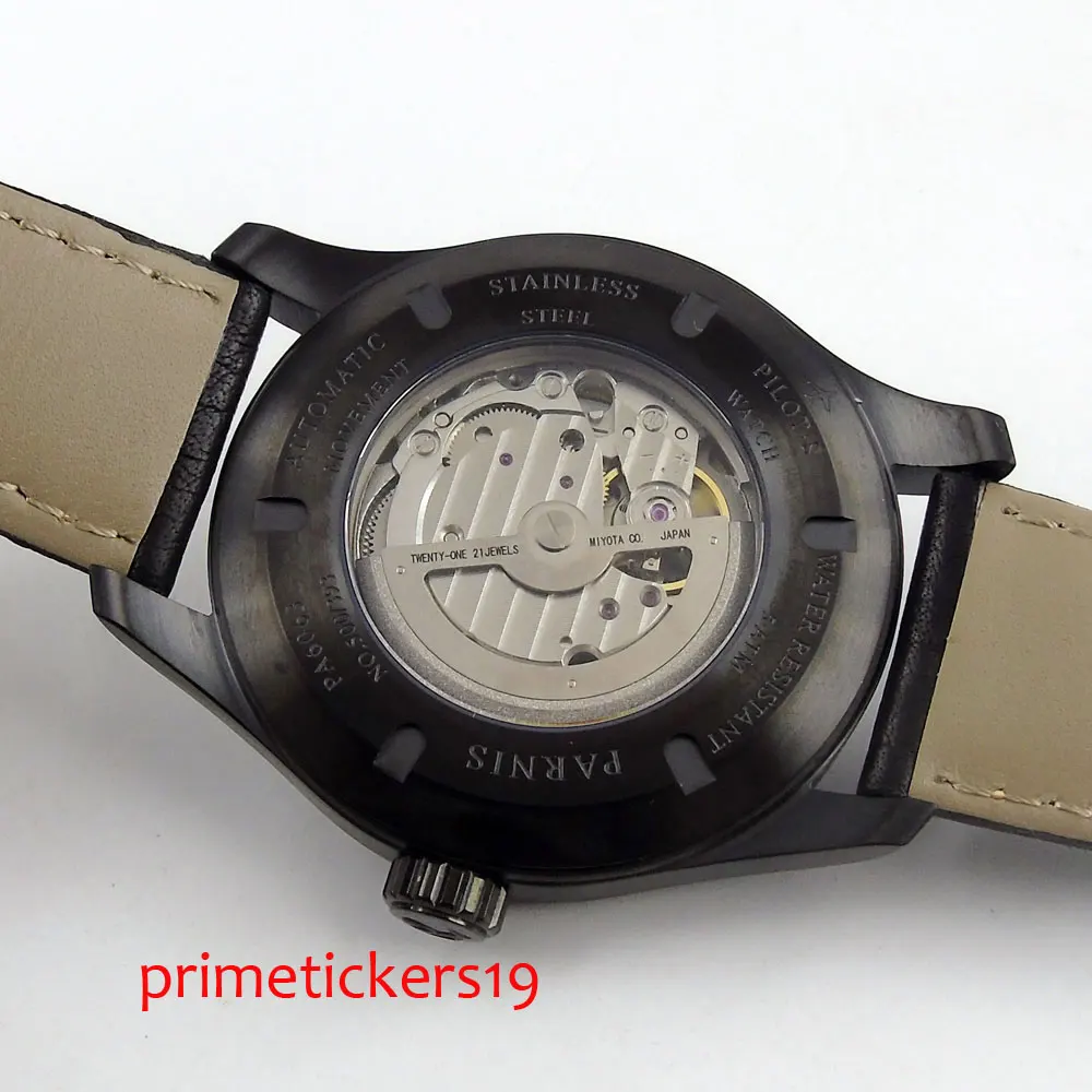 Механические Мужские часы PARNIS 44 мм PVD покрытие чехол желтые метки дата сапфировое