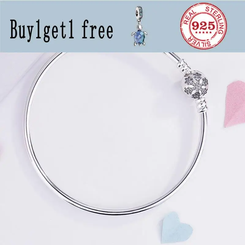 

Authentic 925 Sterling Silver Crystal Snowflake Clap Snake Chain pan Bracelet Bangle Fit Women Bead Charm DIY Jewelry