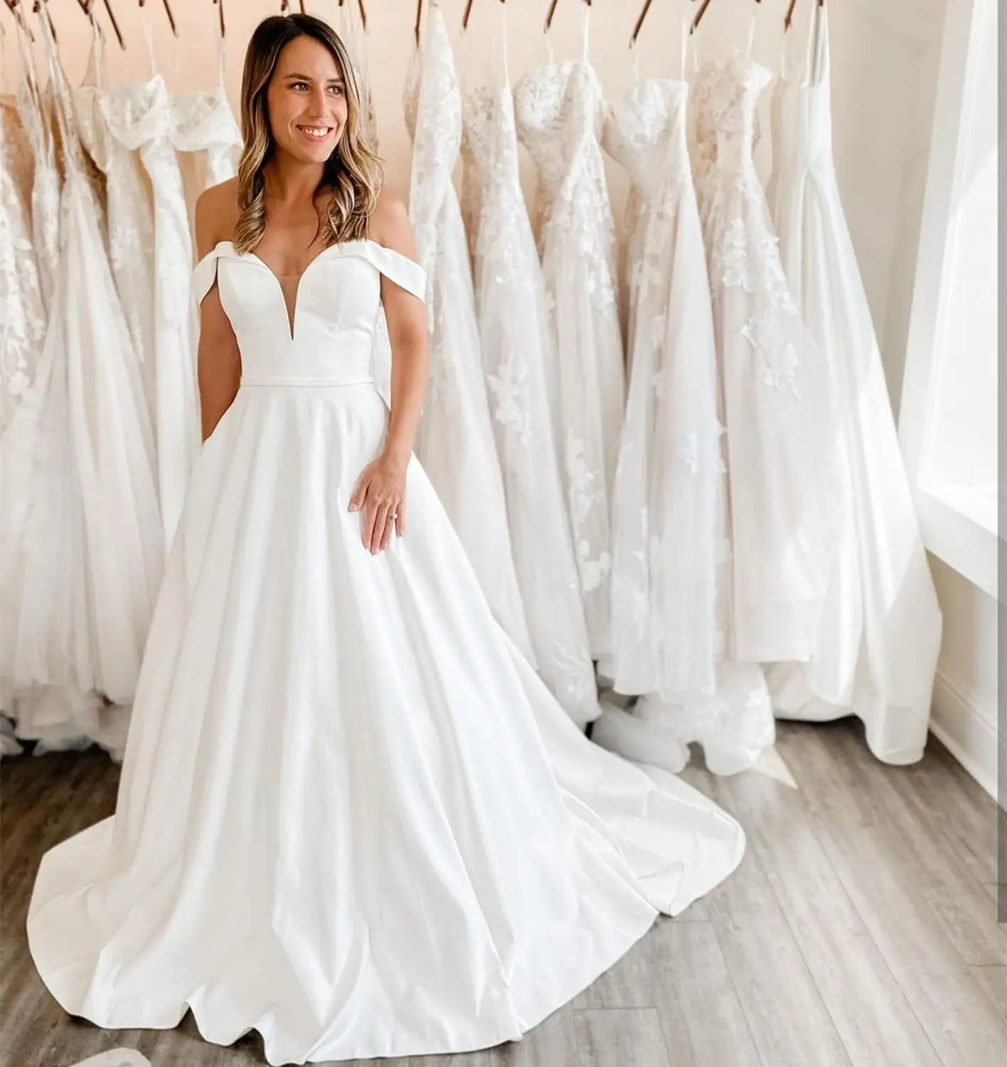 

Wedding Dress Sweetheart Floor Length Satin 2021 Off Shoulde Sweep Train Robe De Marie Bridal Gown Simple Charming For Women