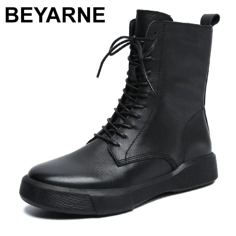 BEYARNE Classic Black Women Genuine Leather Boots Side Zipper Lace Up Round Toe Plush Warm Mid Calf Boots Autumn Winter Size 41
BEYARNE Classic Black Women Genuine Leather Boots Side Zipper Lace Up Round Toe Plush Warm Mid Calf Boots Autumn Winter Size 41