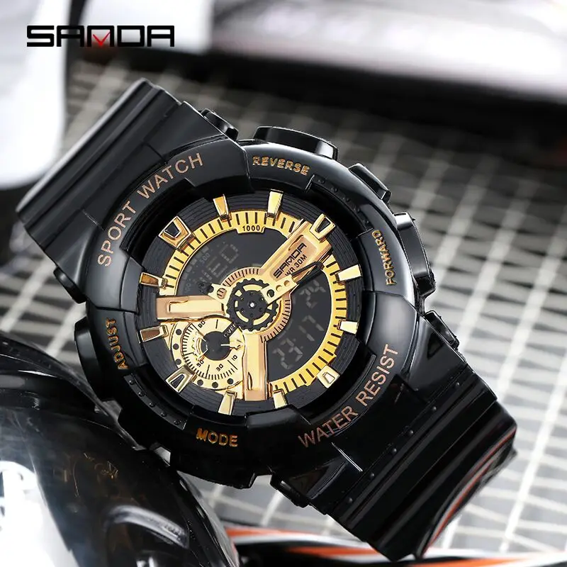 

Спортивные часы SANDA, многофункциональные водонепроницаемые цифровые часы со светодиодной подсветкой, мужские спортивные водонепроницаемы...