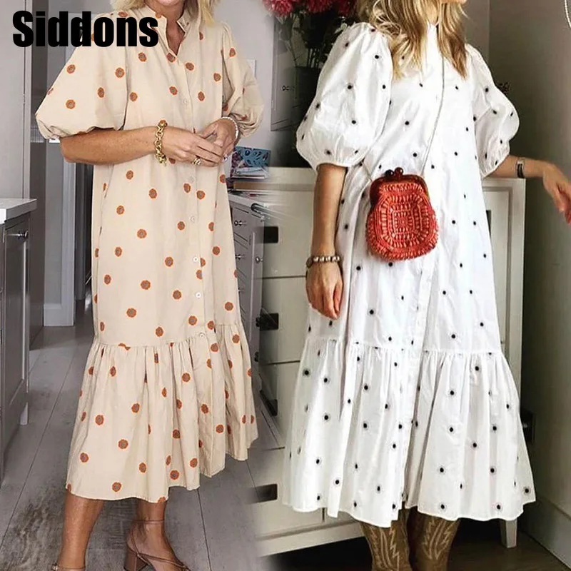 Casual Women Dot Print Lantern Half Sleeve Long Shirt Dress Stand Collar Ruffle Button Summer Dress
Casual Women Dot Print Lantern Half Sleeve Long Shirt Dress Stand Collar Ruffle Button Summer Dress