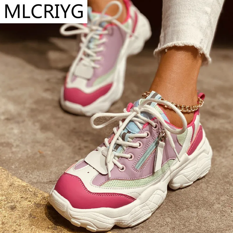 2021 Spring Women Lace-up Mesh Breathable Casual Shoes Fashion Women Vulcanized Shoes Platform Walking Comfort Women Sneakers